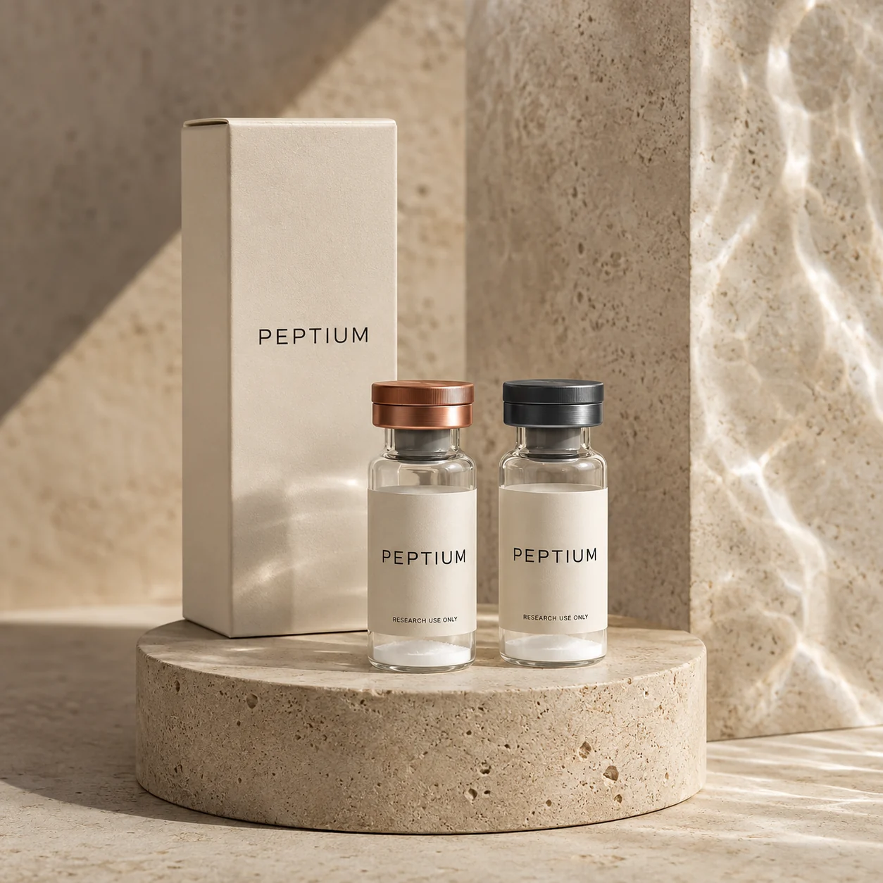 Peptium packaging concept: copper and graphite capped research vials on warm travertine
