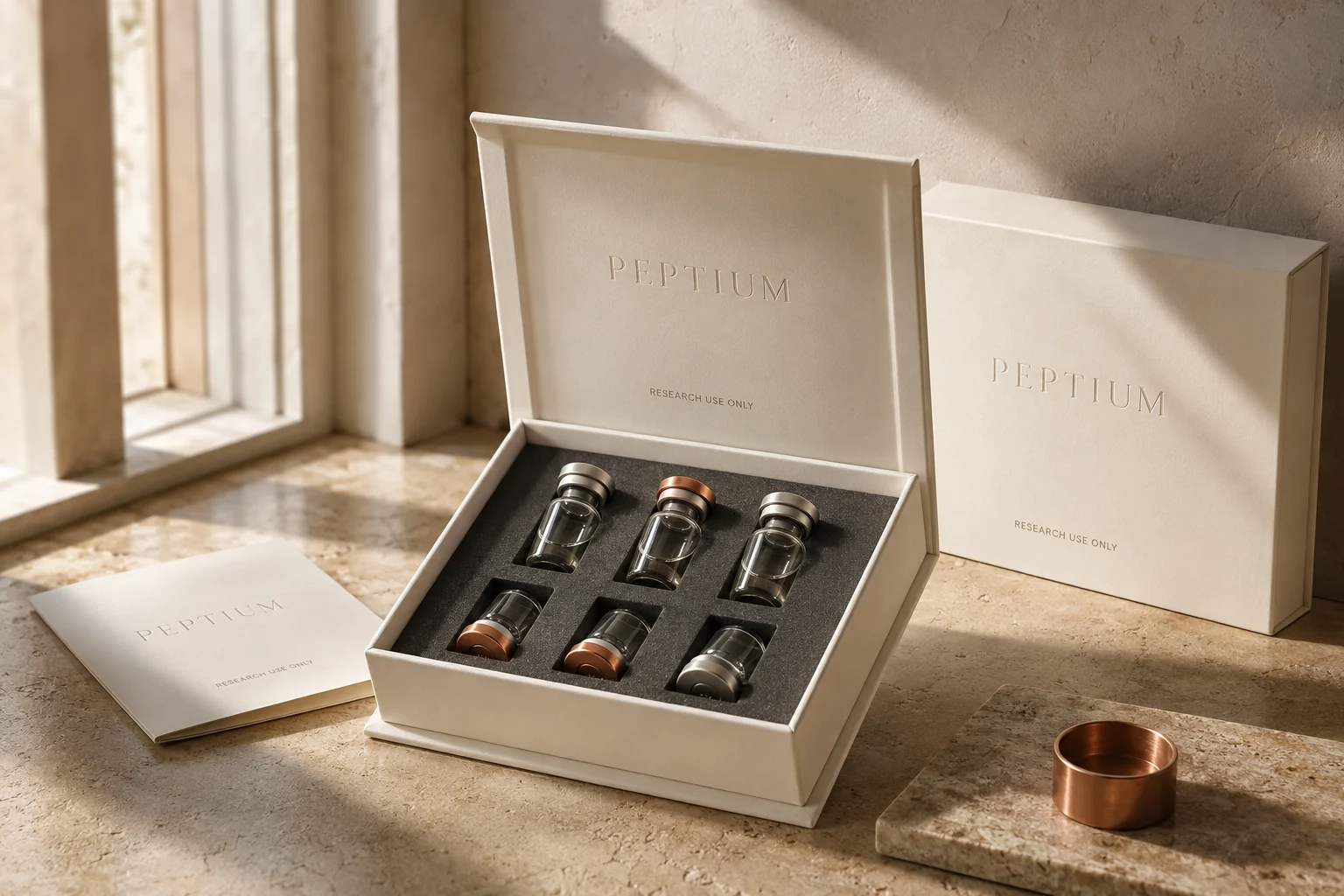 Illustrative Peptium packaging and research vial case